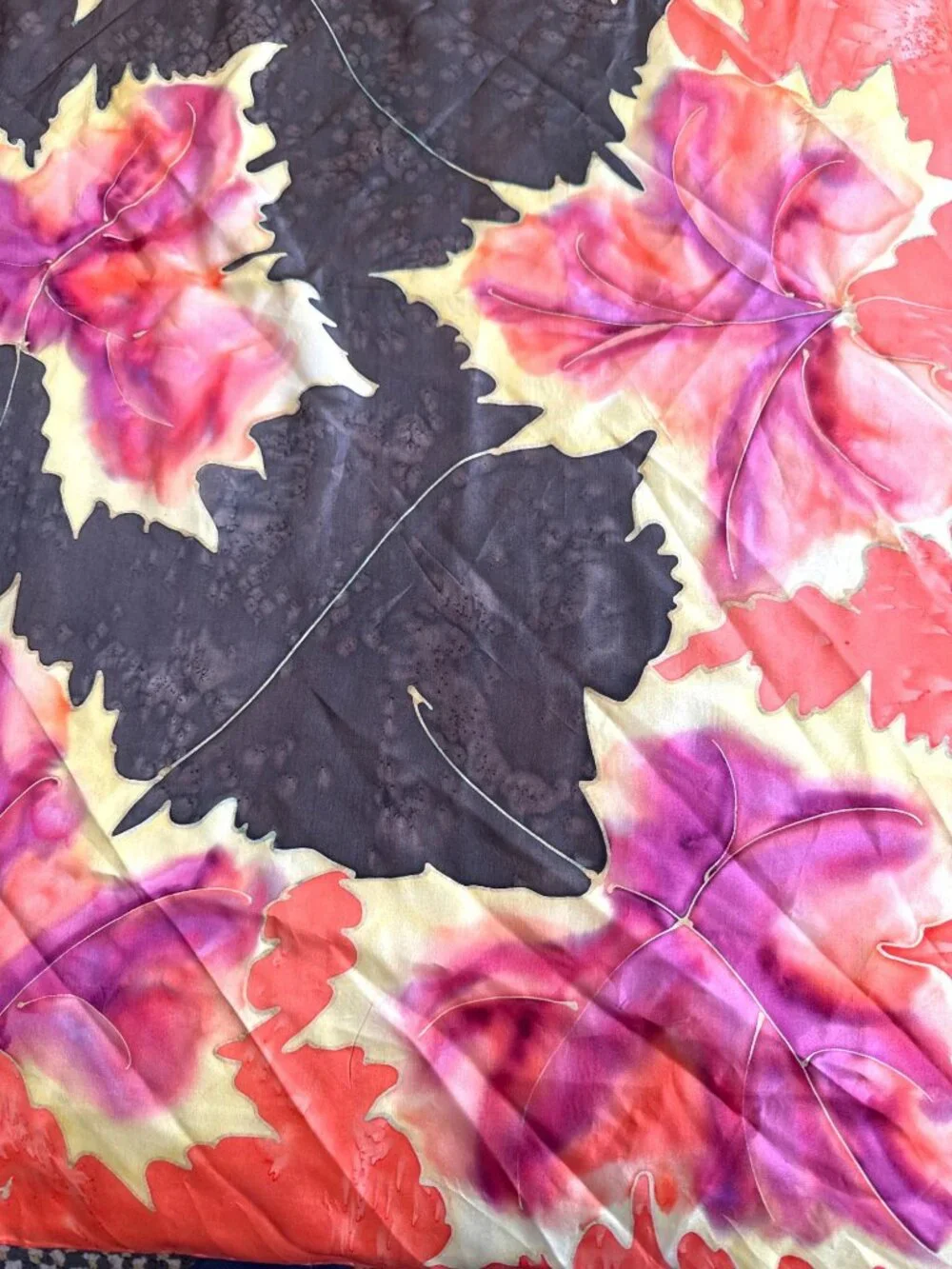 Vibrant Square Leaf Black Orange Pink Silk Scarf Spring Summer Fall